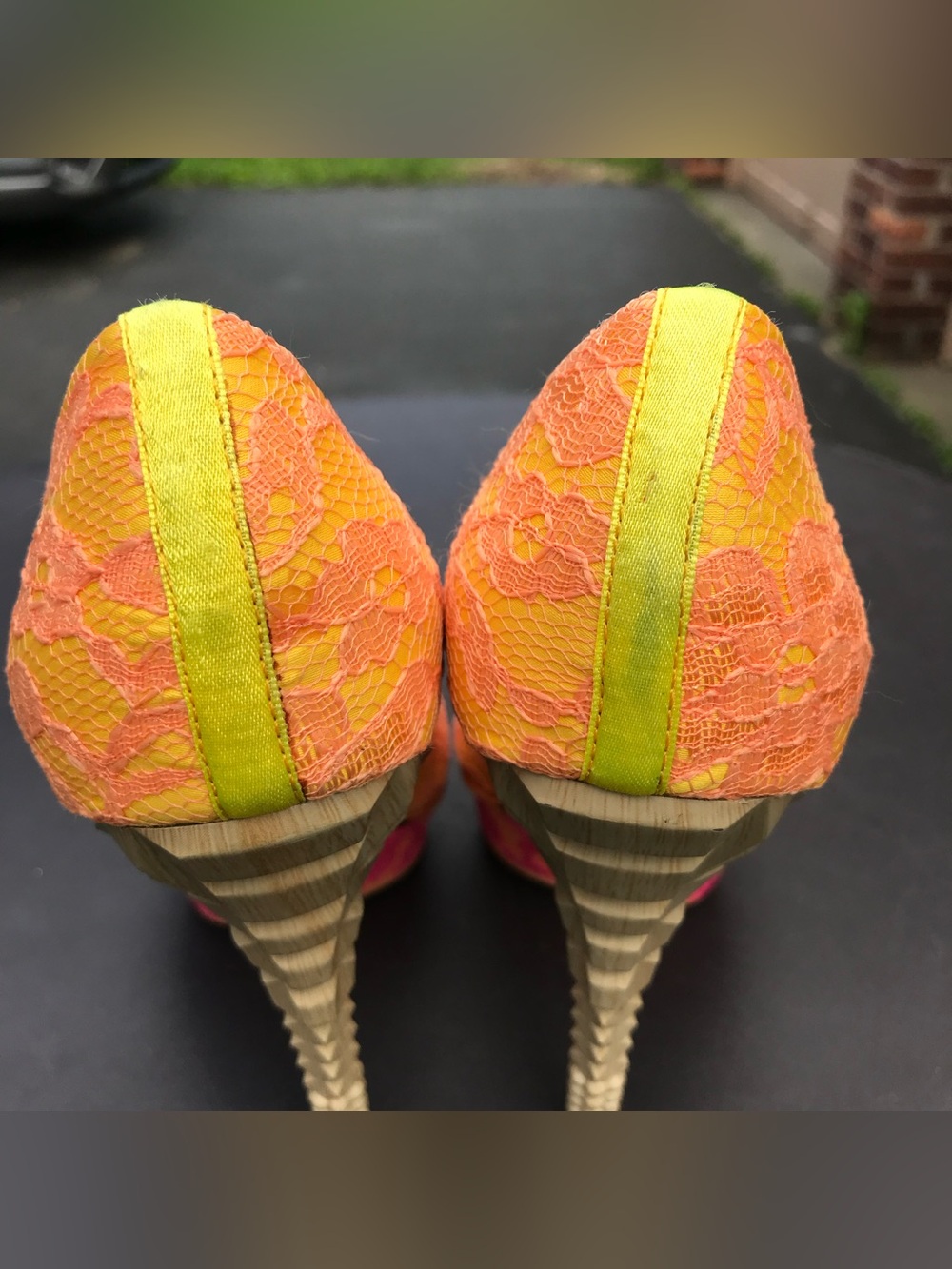 RACHEL ROY KEEDAN Orange Yellow Pink Lace Platform Pump Stilettos Heels Size 6 - Picture 13 of 16